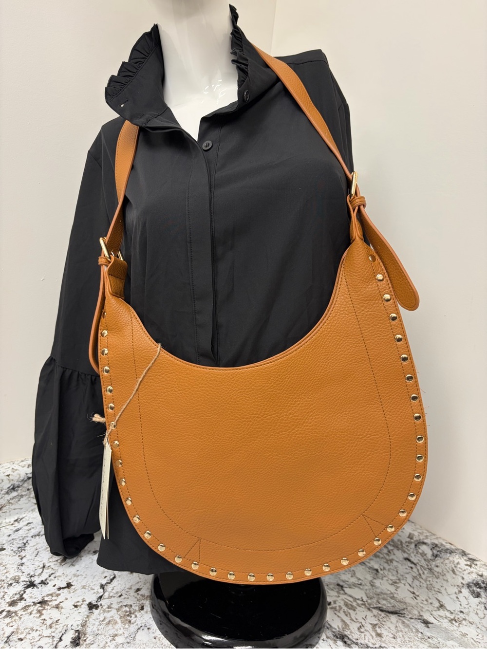 Stud-Trim Crescent Shoulder Bag in Tan
